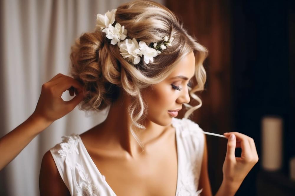 chignon de mariage avec fleures blanches